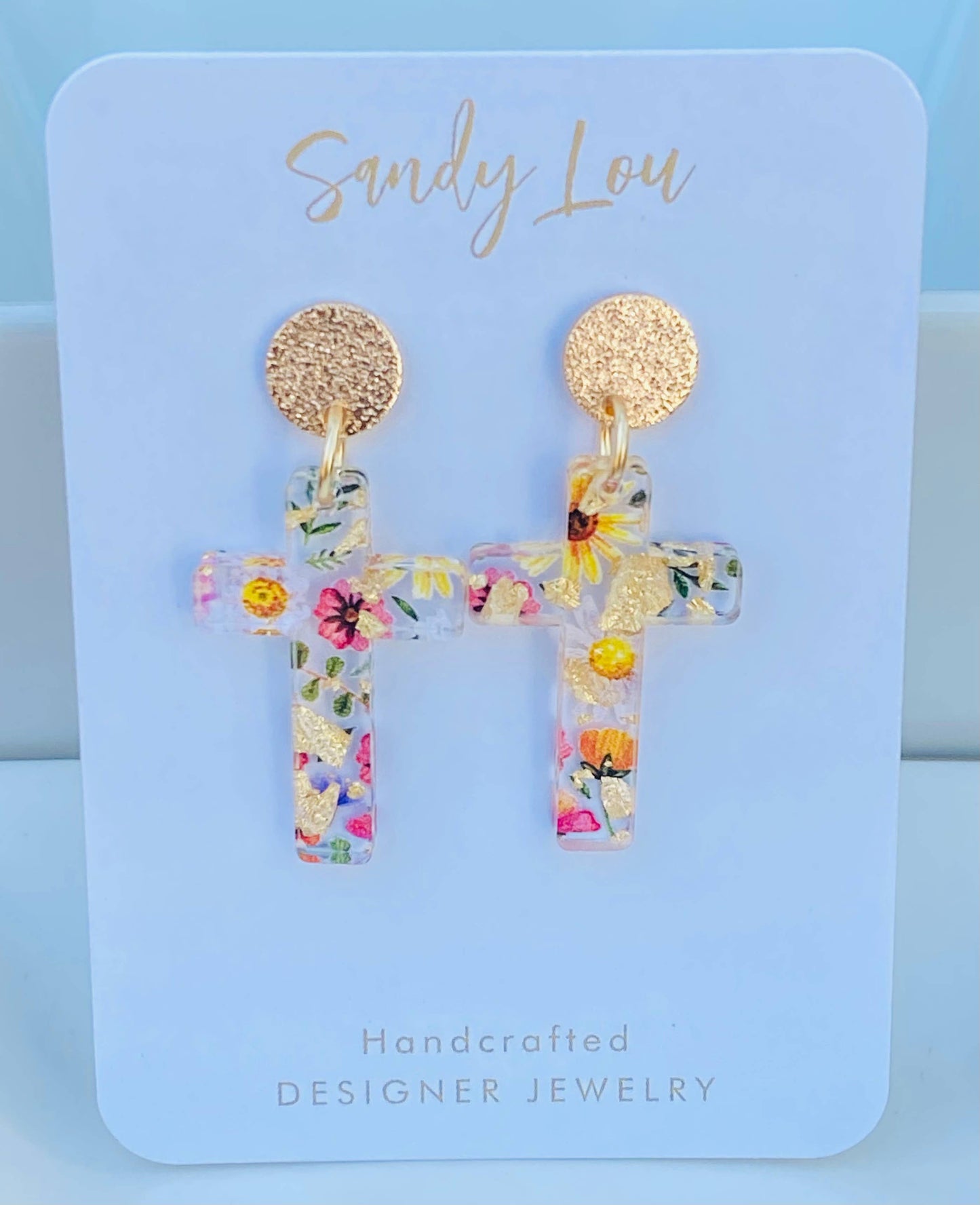 Floral Gold-Foil Cross Earrings | 18K Gold Plated