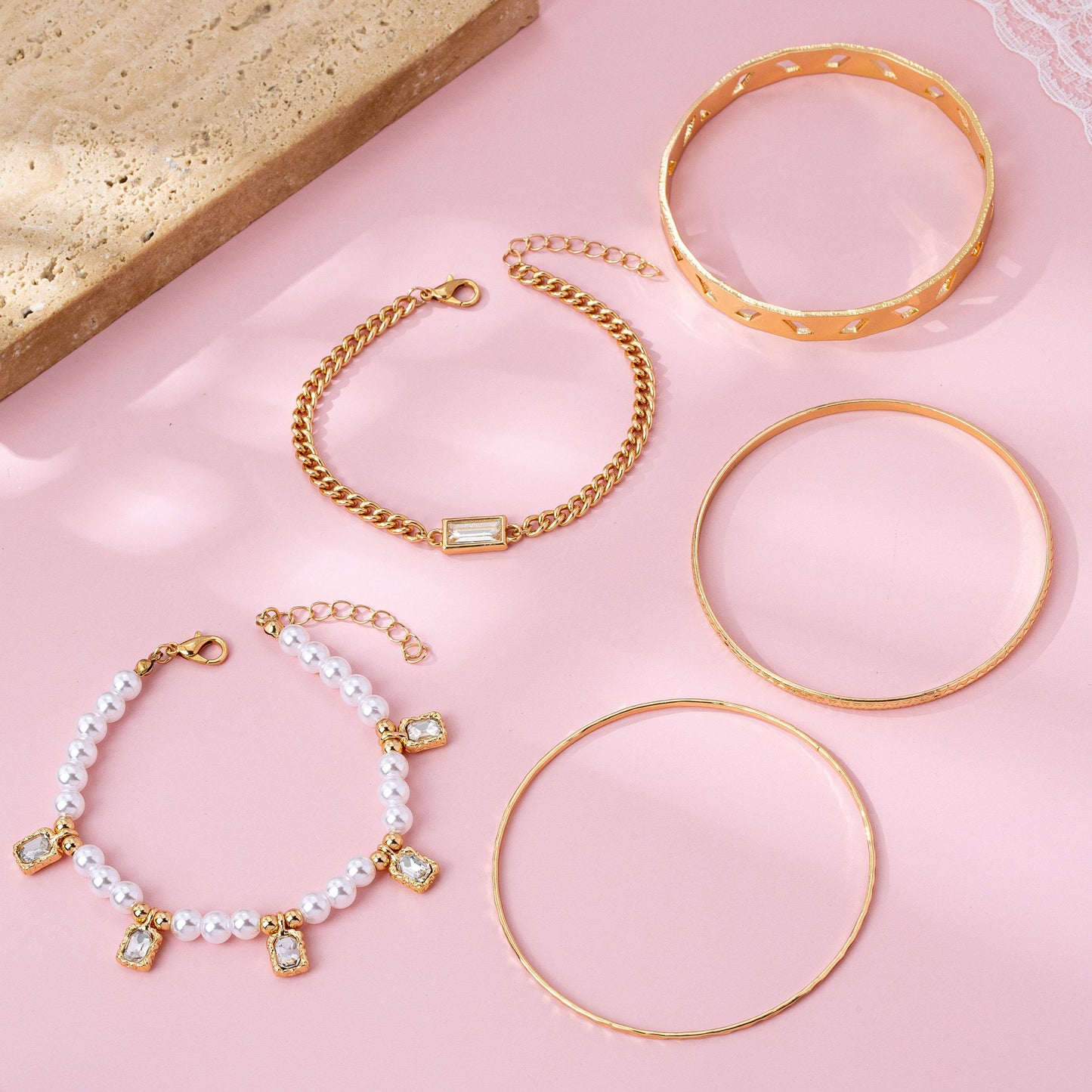 Gold Pearl & Crystal Drop Layered Bracelet Set