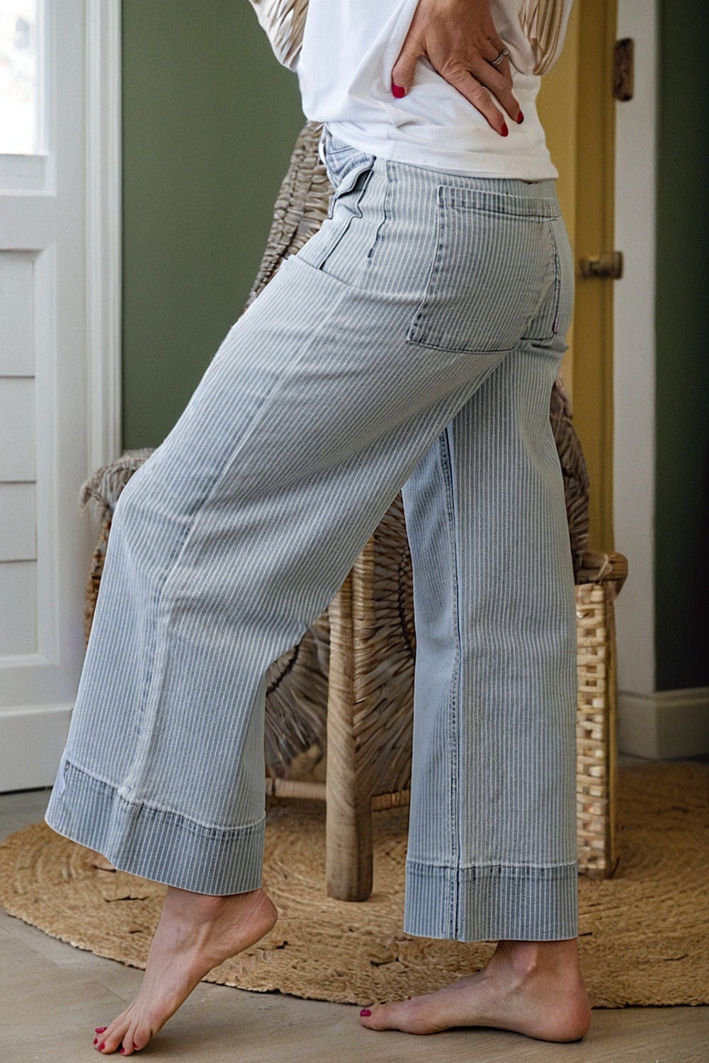 Pinstripe Strolls: Sky Blue Wide-Leg Pocket Denim