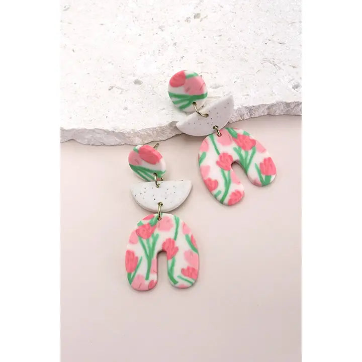 Pink Tulip Polymer Clay Drop Earrings