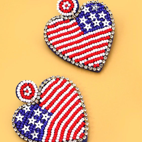 USA Flag Seed Bead Heart Drop Earrings