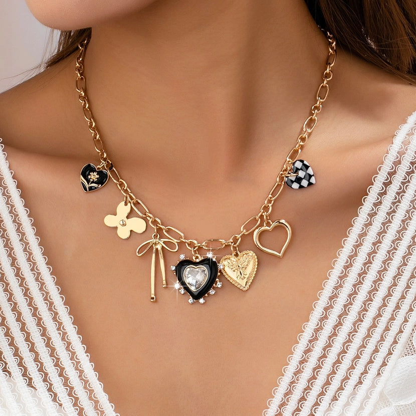 Bow & Checker Heart Charm Necklace