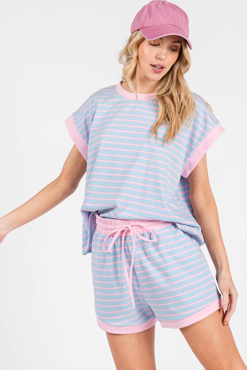 STRIPED TERRY TOP AND SHORT SETS