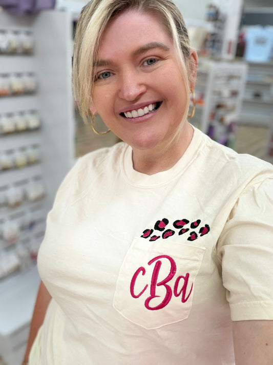CC Pocket Tee with Leopard Embroidery Monogram