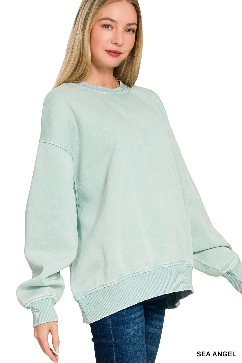 Acid Wash Fleece Oversized Pullover with Balloon Sleeves