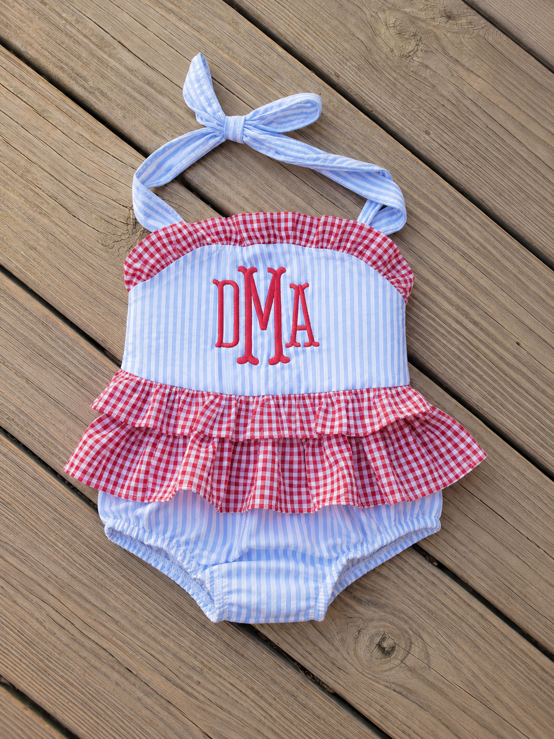 Personalized Seersucker Swim Trunks & Ruffle Bikini Set | Embroidery Blank Swimwear