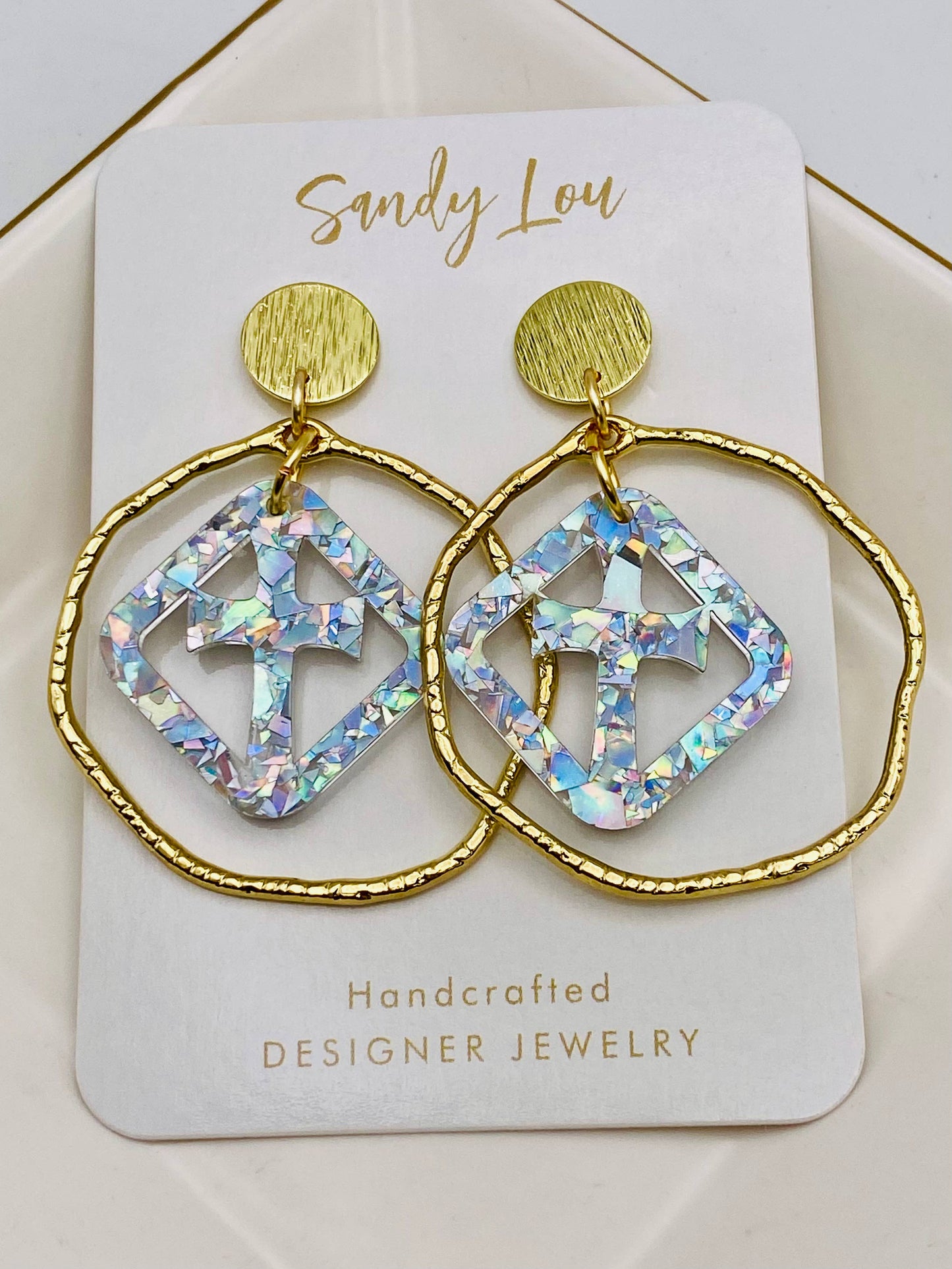 Iridescent Faith Cross Hoop Earrings