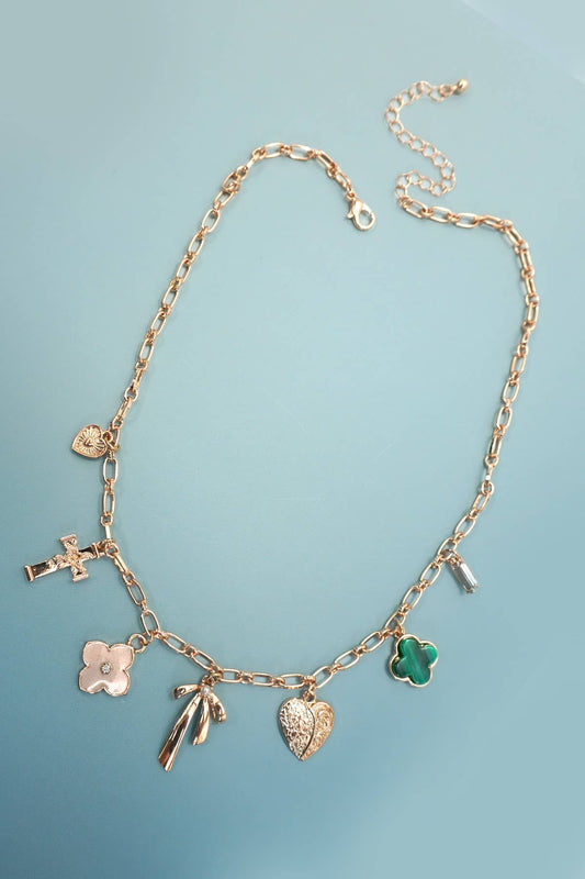 CHARM NECKLACE-GREEN CLOVER BOW CROSS HEART