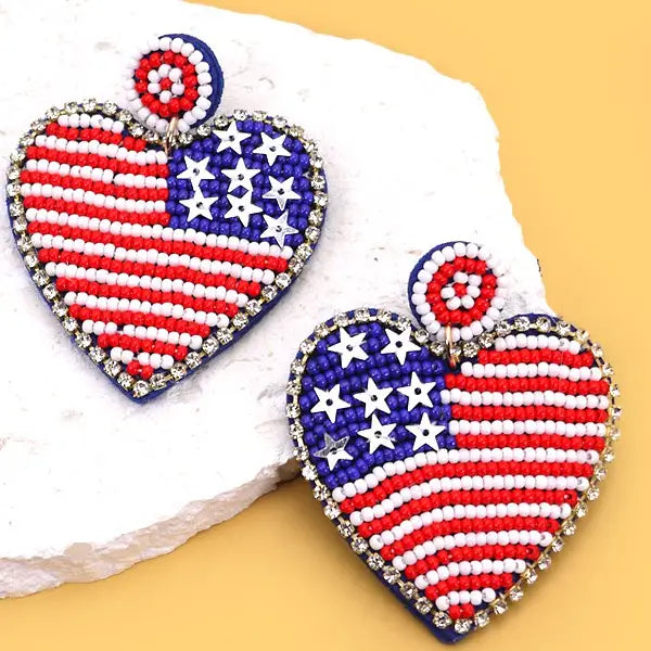 USA Flag Seed Bead Heart Drop Earrings