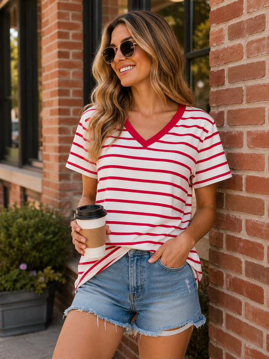 Easy Days Striped V Neck Top | Zenana