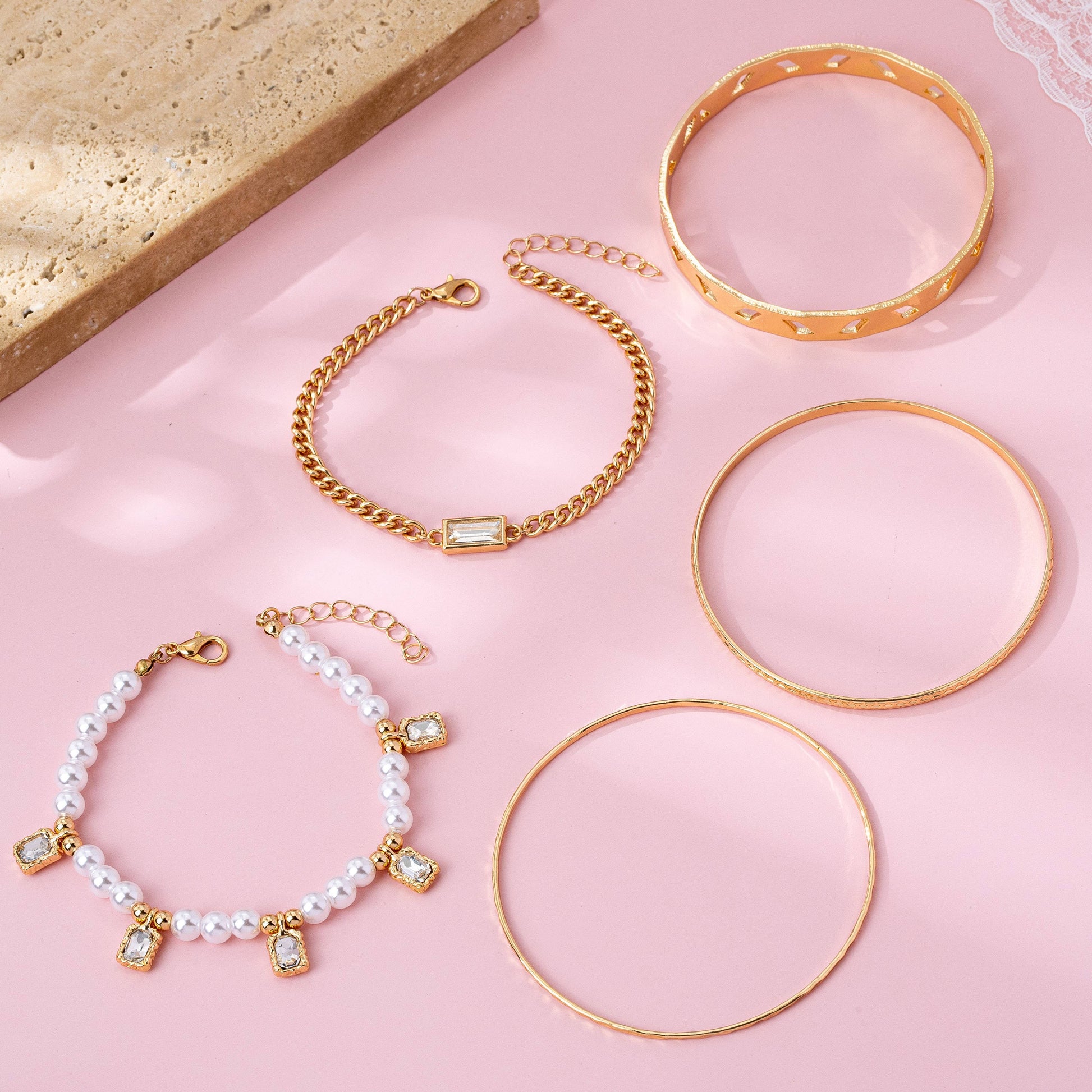 Gold Pearl & Crystal Drop Layered Bracelet Set