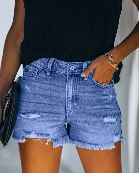 High-Waisted Ripped Stretch Denim Shorts for Summer