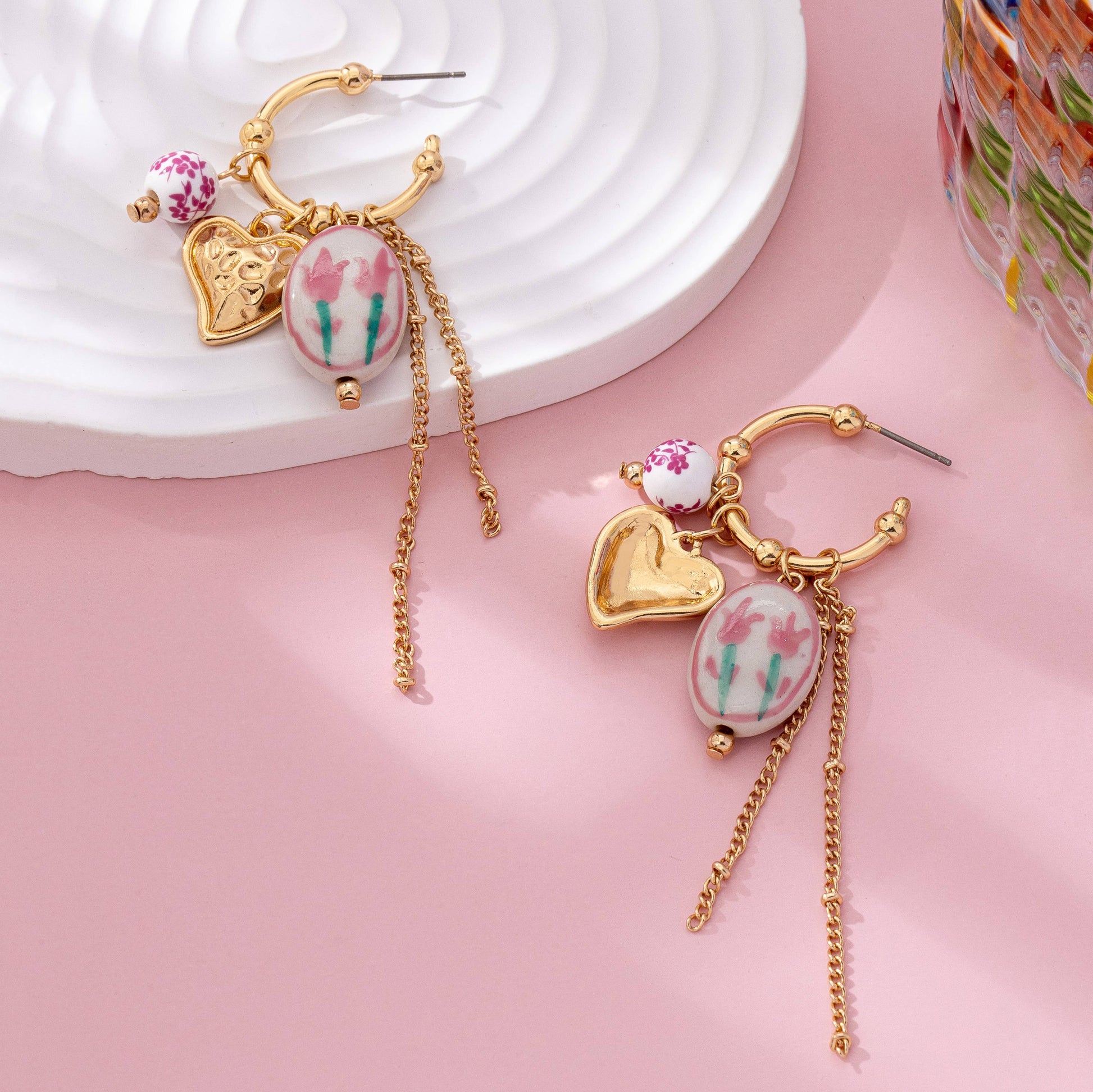 Chinoiserie Floral Charm Hoop Earrings