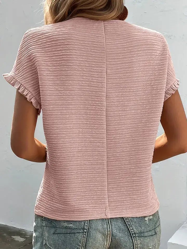 Black Textured Ruffled Short Sleeve Blouse