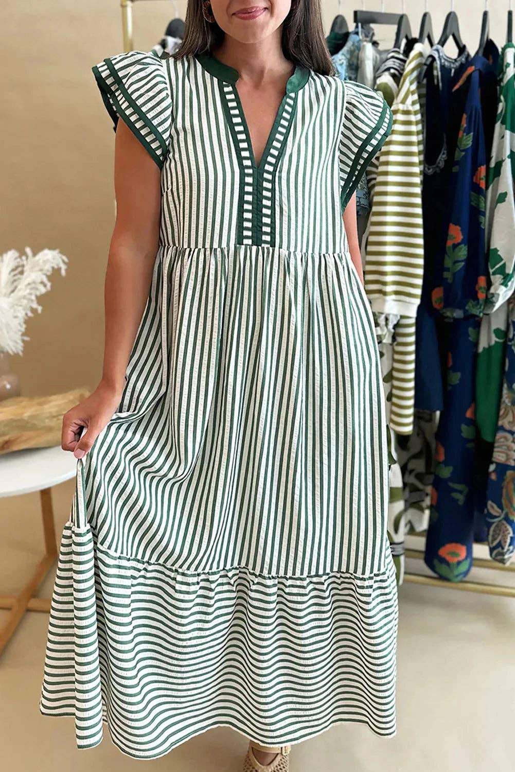 Stripe Double Ruffled Short Sleeve Dress