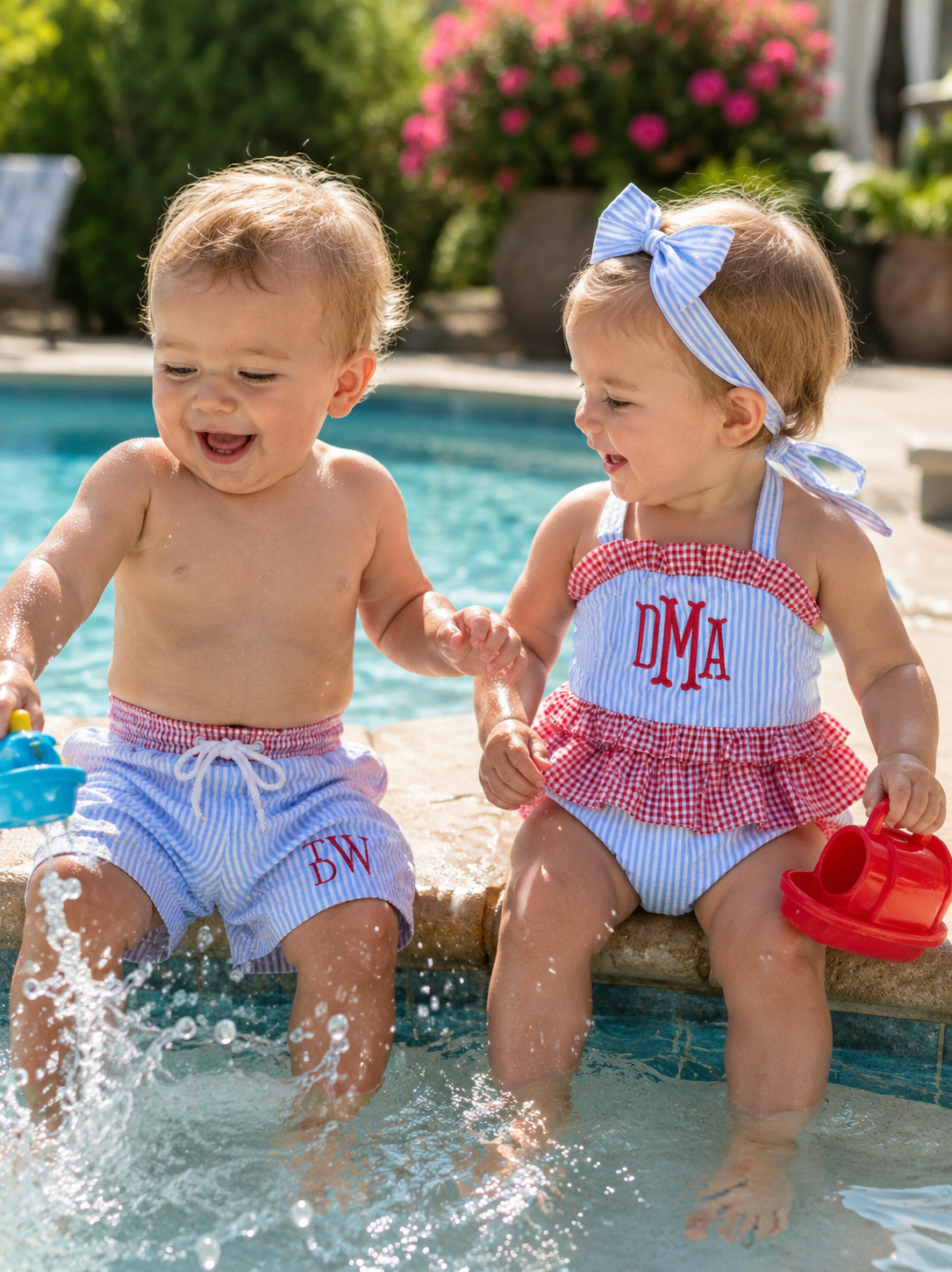 Personalized Seersucker Swim Trunks & Ruffle Bikini Set | Embroidery Blank Swimwear