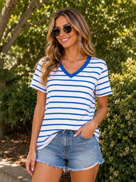 Easy Days Striped V Neck Top | Zenana