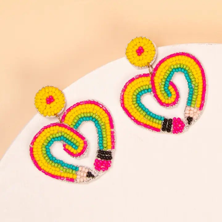 Pencil with Pink Bow Seed Beaded Post Dangle Earrings