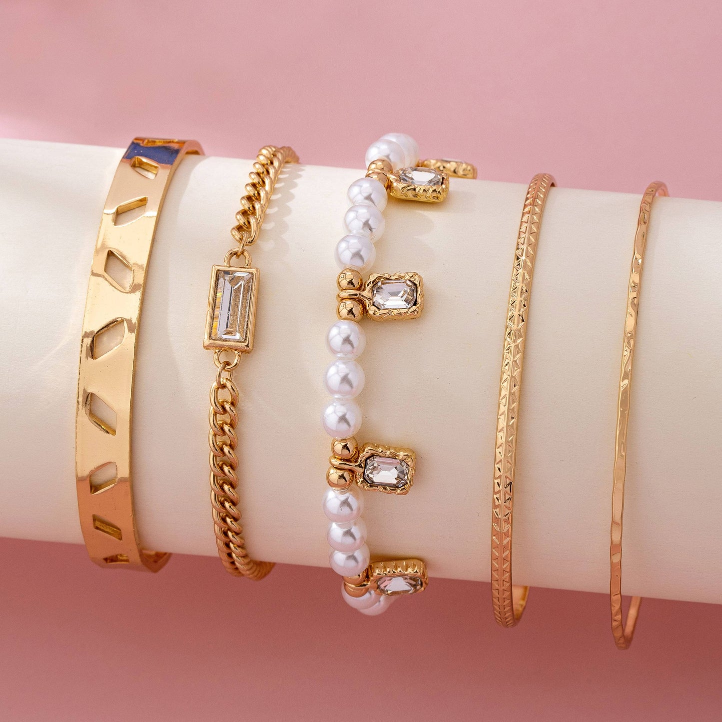 Gold Pearl & Crystal Drop Layered Bracelet Set