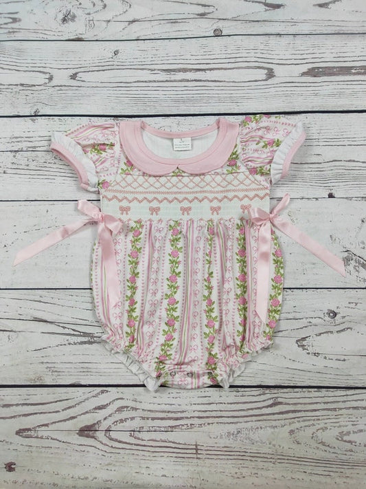 Flower Printed Bow Smocked Baby Bubble