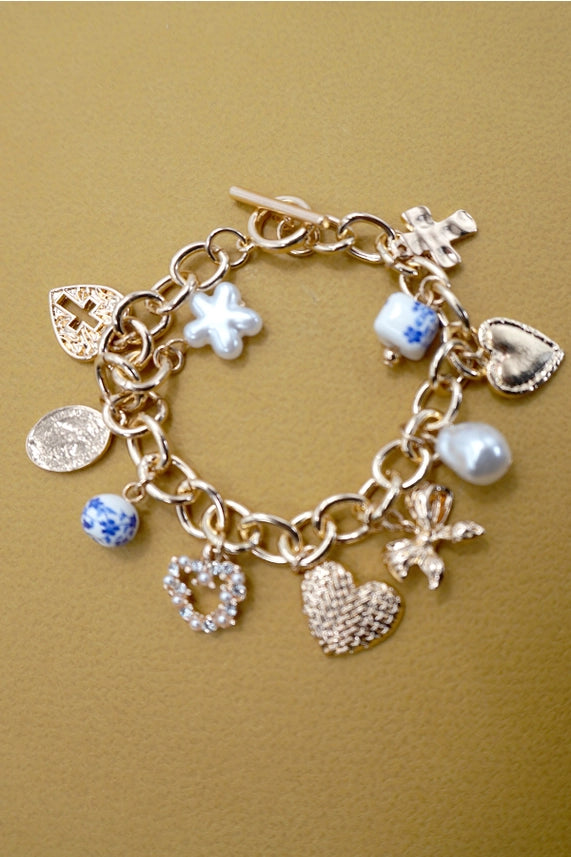 Porcelain Heart & Pearl Charm Bracelet