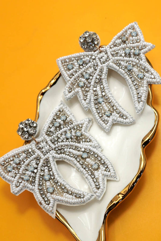CHRISTMAS HOLIDAY WHITE BOW BEADED EARRINGS