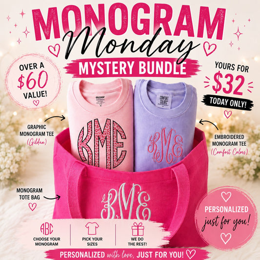 Monogram Monday Mystery Bundle – 2 Personalized Tees & Monogram Tote