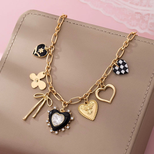 Bow & Checker Heart Charm Necklace
