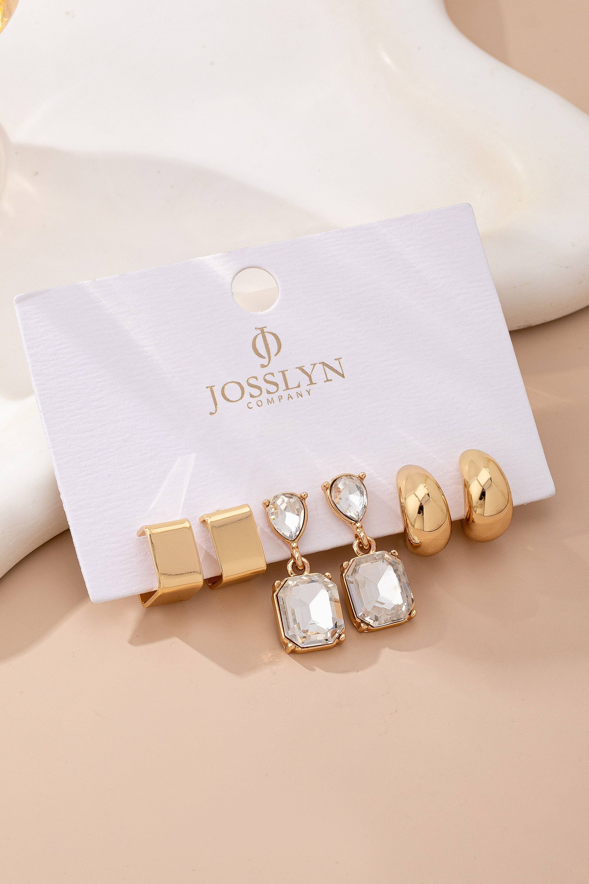 Trio Square Crescent Huggies & Crystal Drops