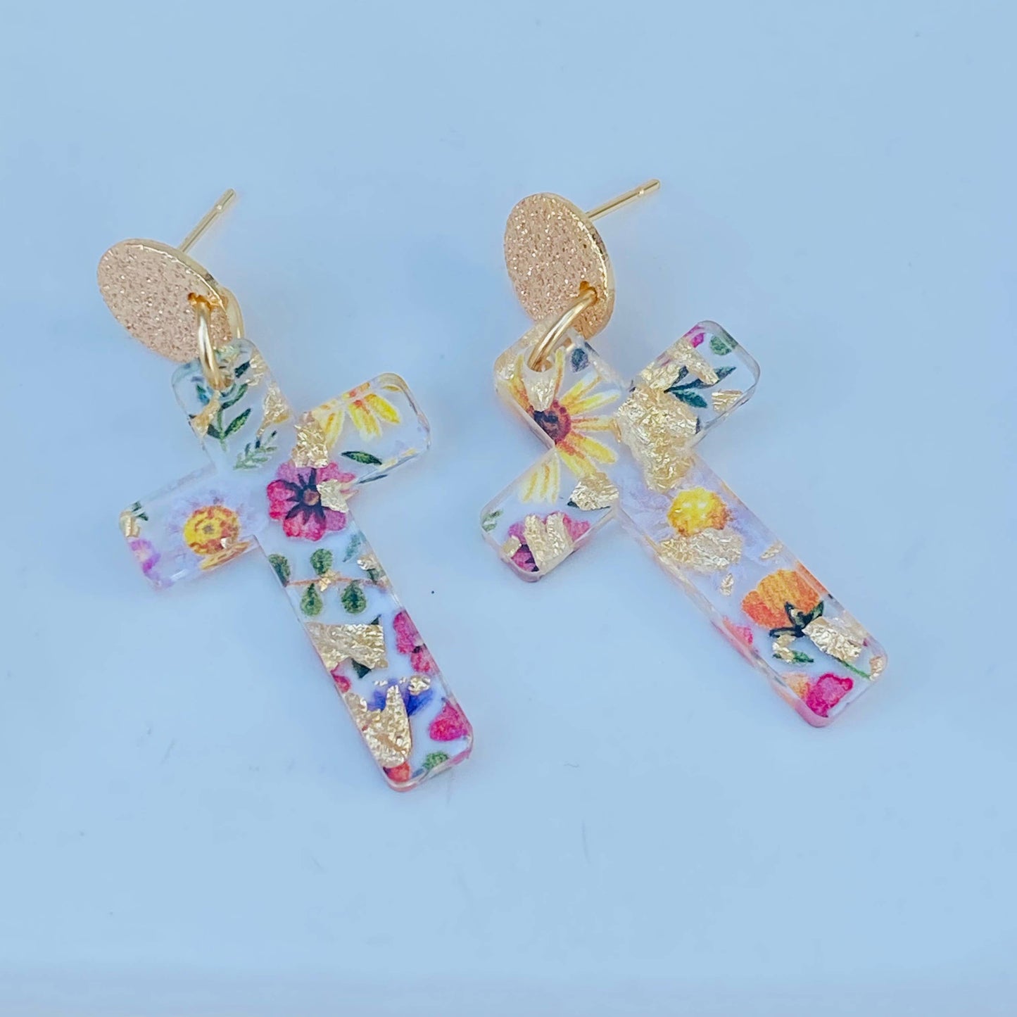 Floral Gold-Foil Cross Earrings | 18K Gold Plated