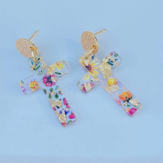 Floral Gold-Foil Cross Earrings | 18K Gold Plated