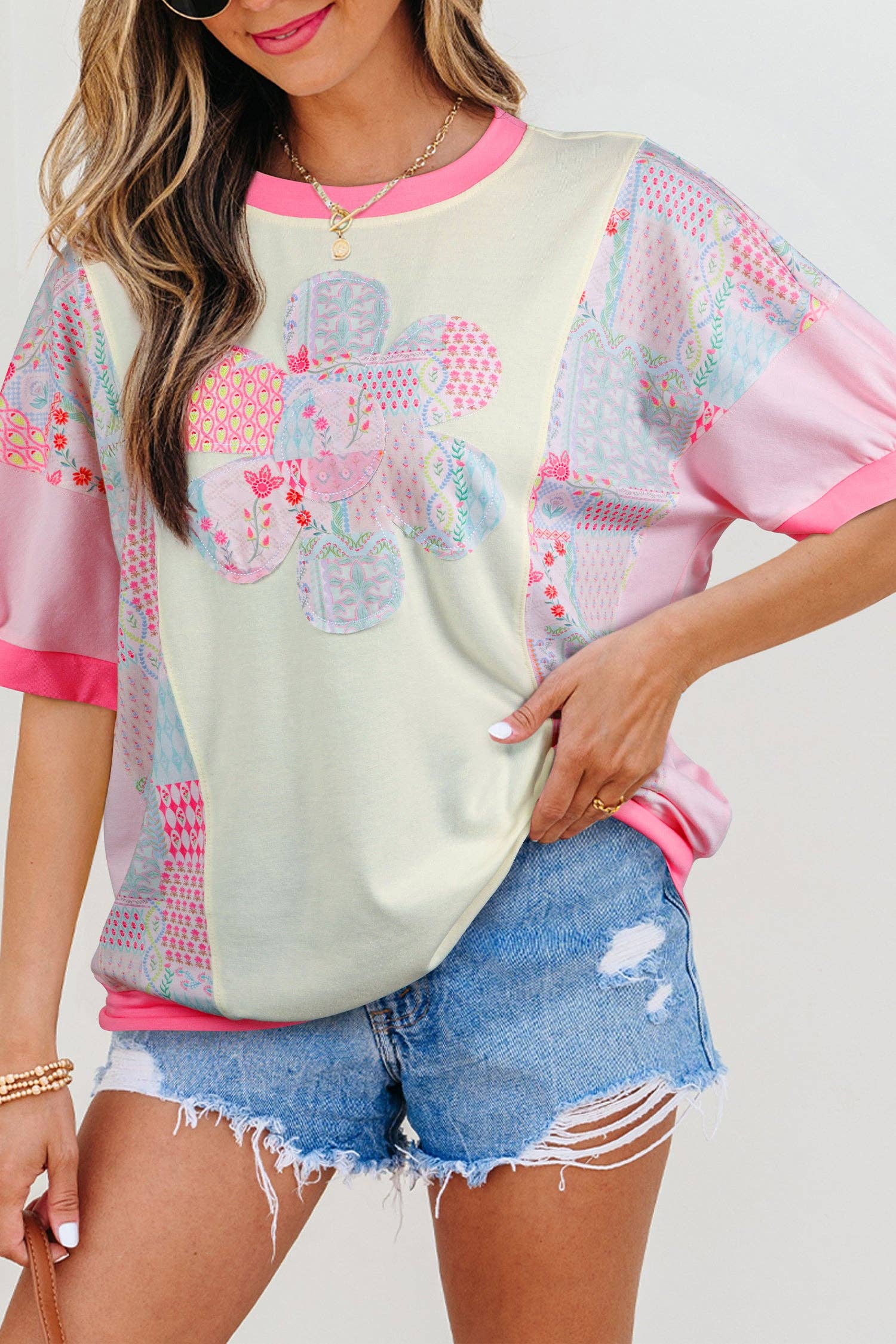 Beige Color Block Floral Patchwork Big Flower Accent Relaxed Top
