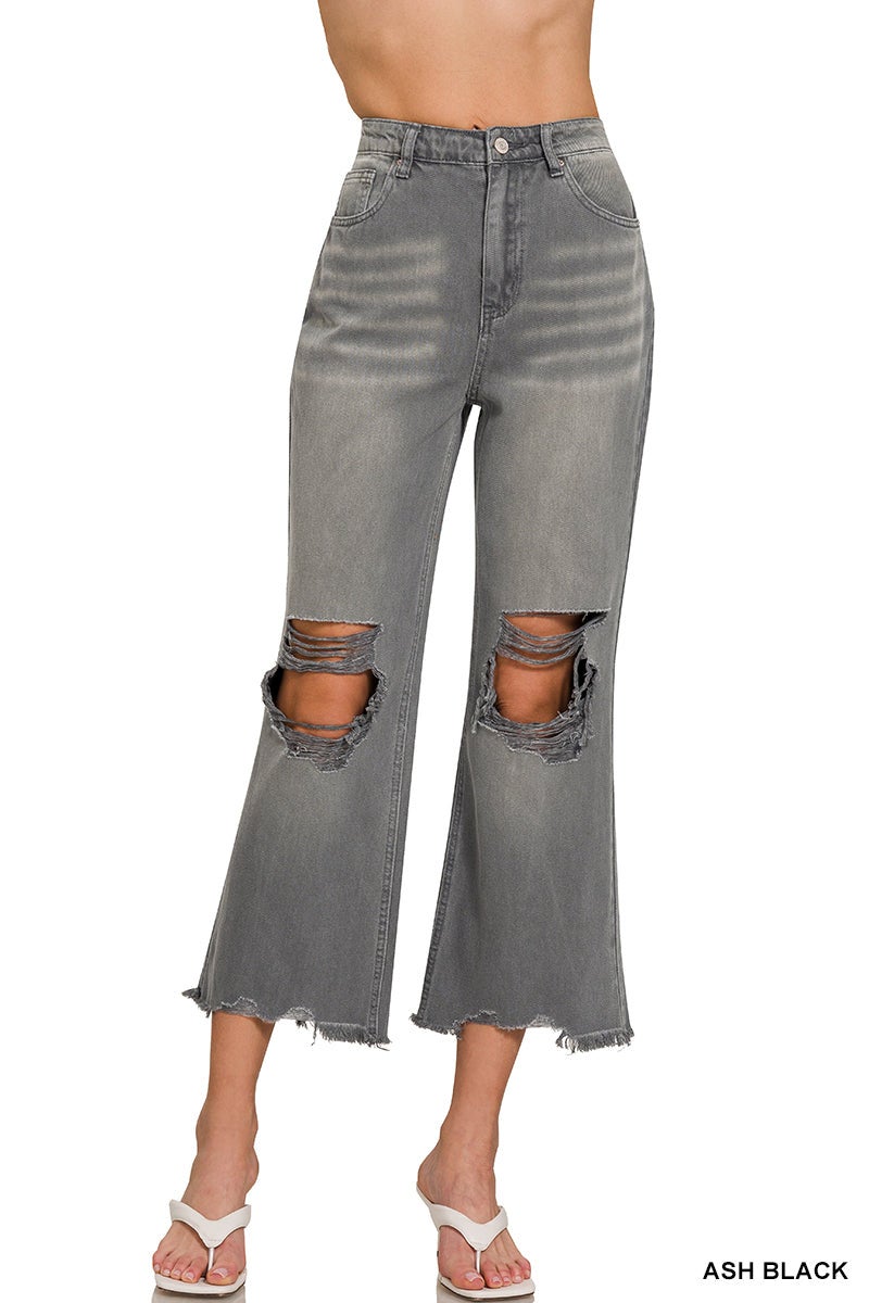 DISTRESSED KNEE AND HEM CROPPED PANTS