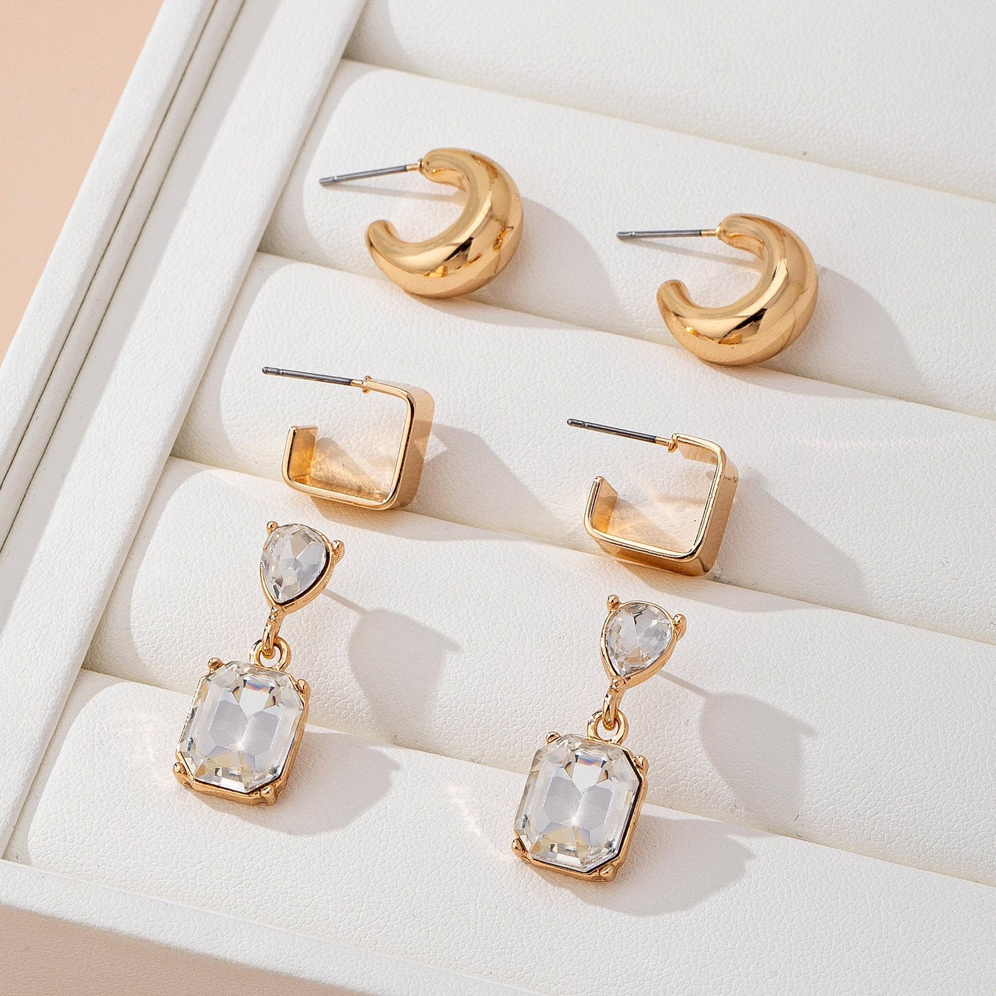 Trio Square Crescent Huggies & Crystal Drops
