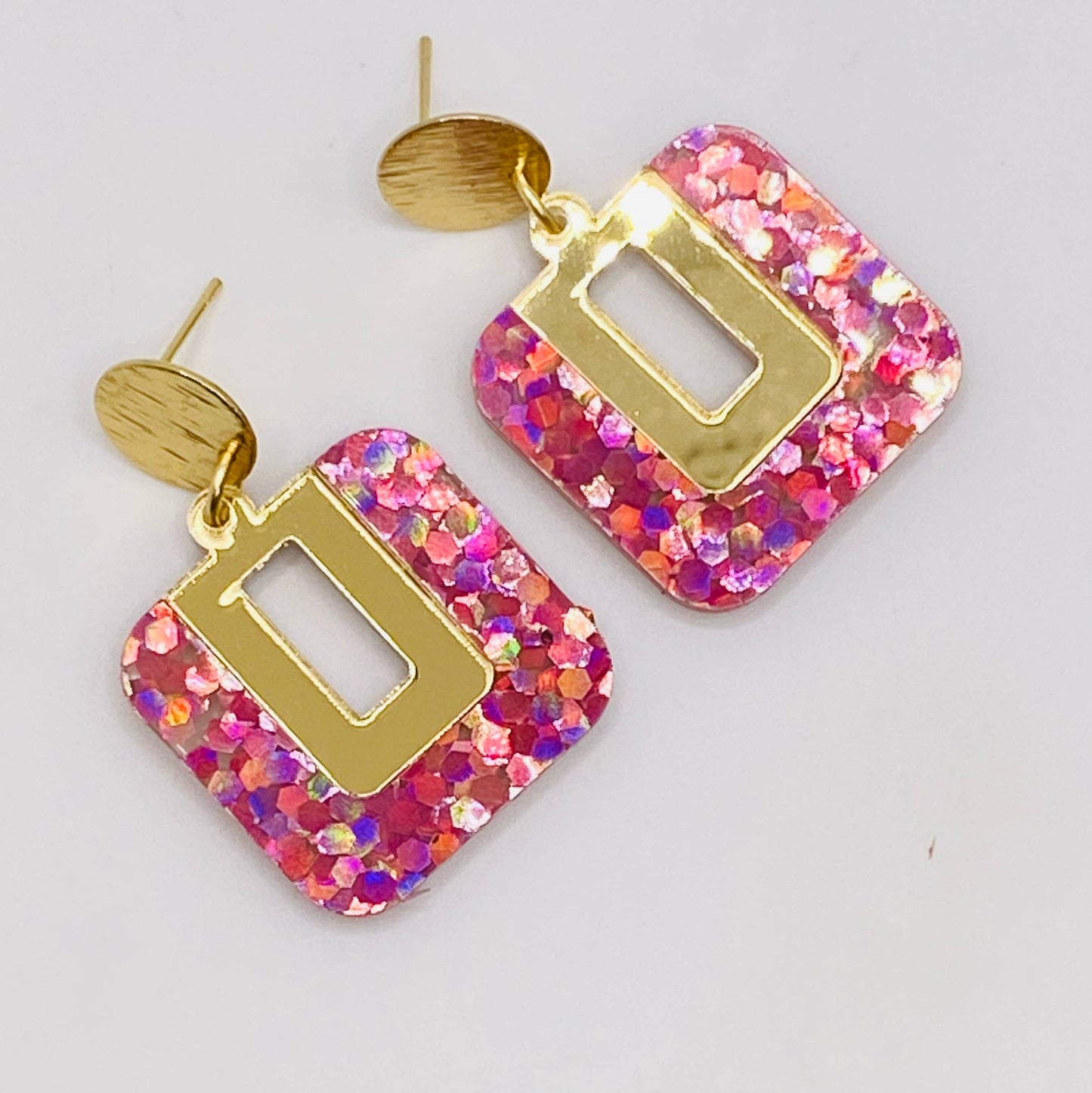 BE SQUARE PINK HOLOGRAPHIC GLITTER AND GOLD EARRING
