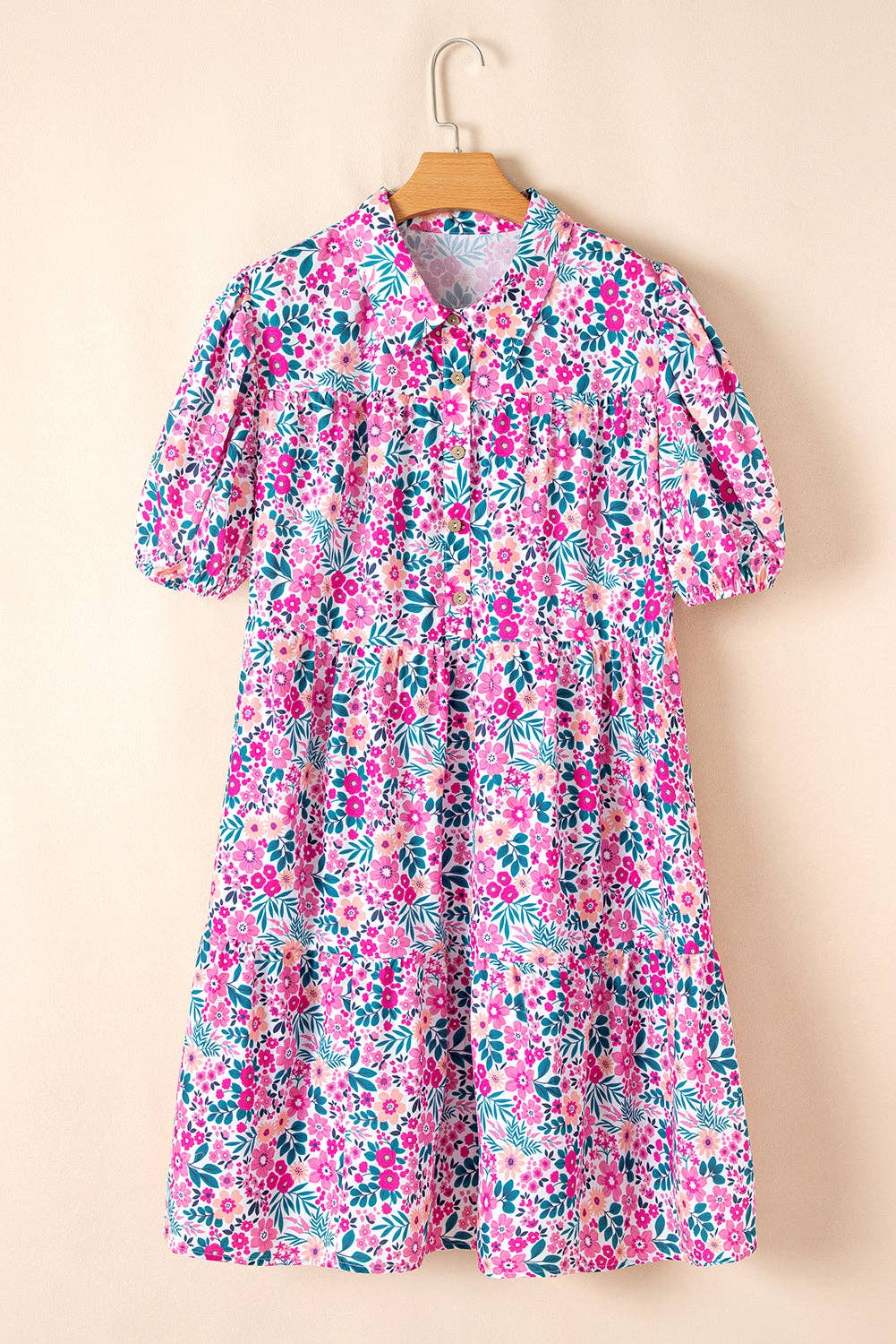 Pink Floral Half Button Short Puff Sleeve A-line Dress