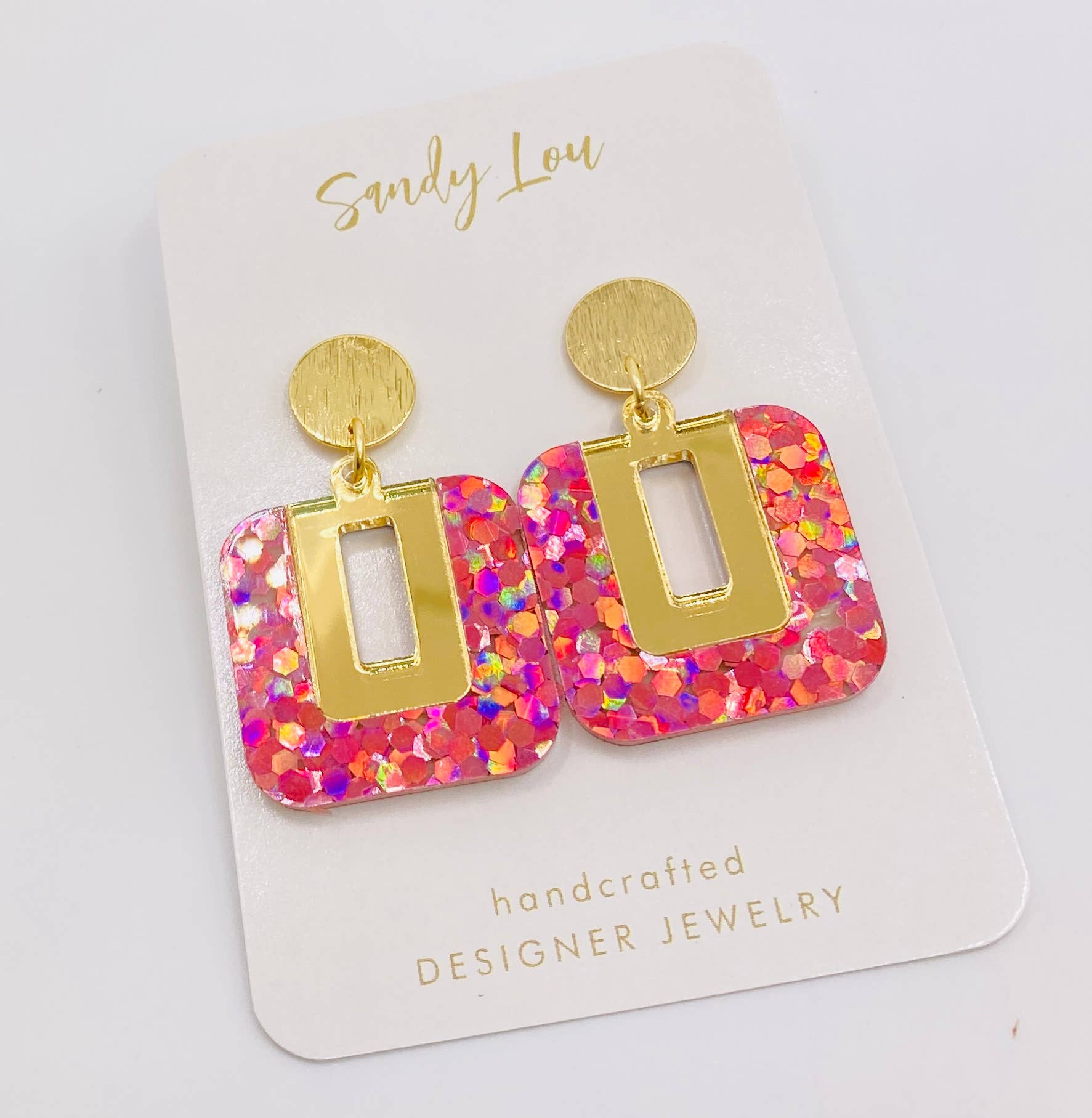 BE SQUARE PINK HOLOGRAPHIC GLITTER AND GOLD EARRING