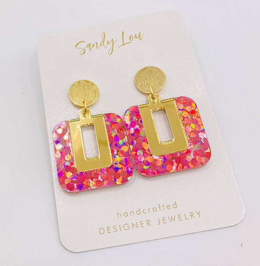 BE SQUARE PINK HOLOGRAPHIC GLITTER AND GOLD EARRING