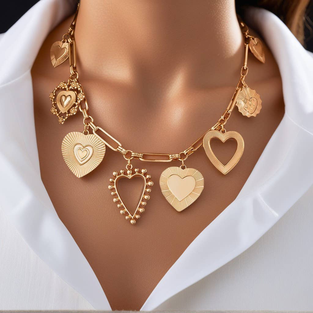 CHARM NECKLACE-MULTI BOLD HEART CHARM NECKLACE