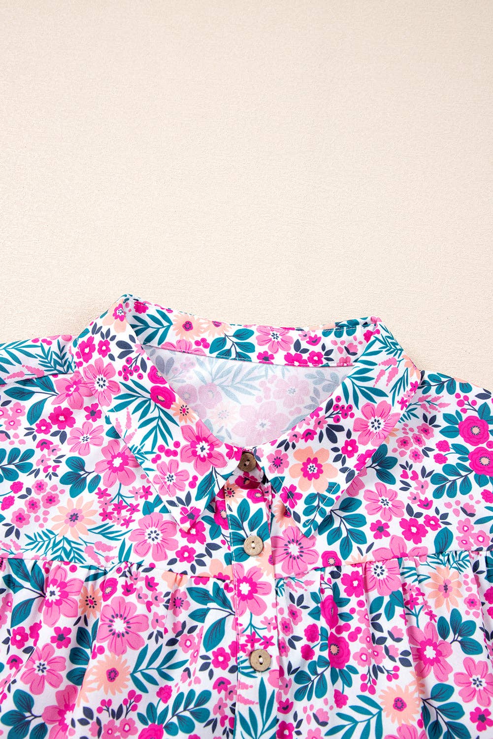 Pink Floral Half Button Short Puff Sleeve A-line Dress