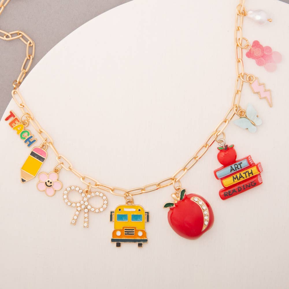 School Theme Jeweled Multi Charm Necklace