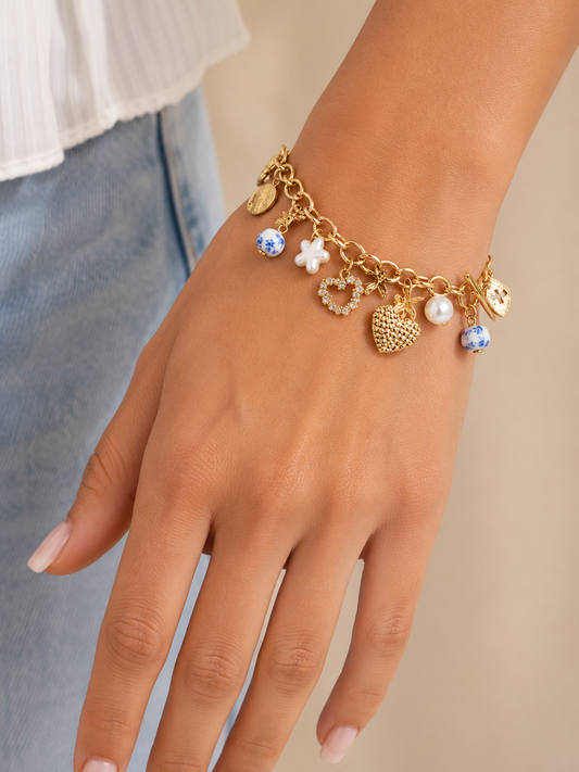 Porcelain Heart & Pearl Charm Bracelet