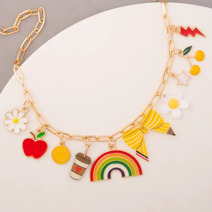 School Theme Jeweled Multi Charm Necklace