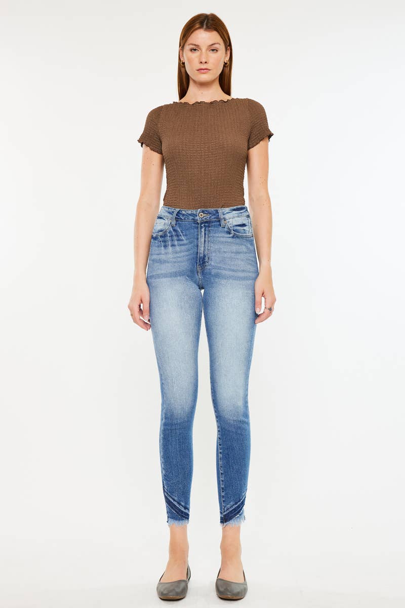 High Rise Frayed Edge Distressed Ankle Jeans