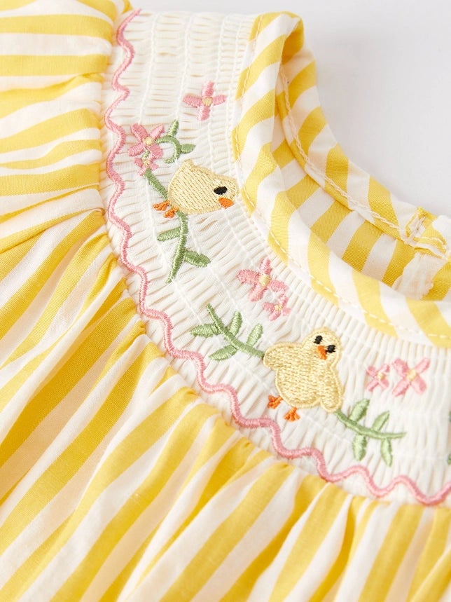 Chick Floral Embroidery Smocking Girls Romper
