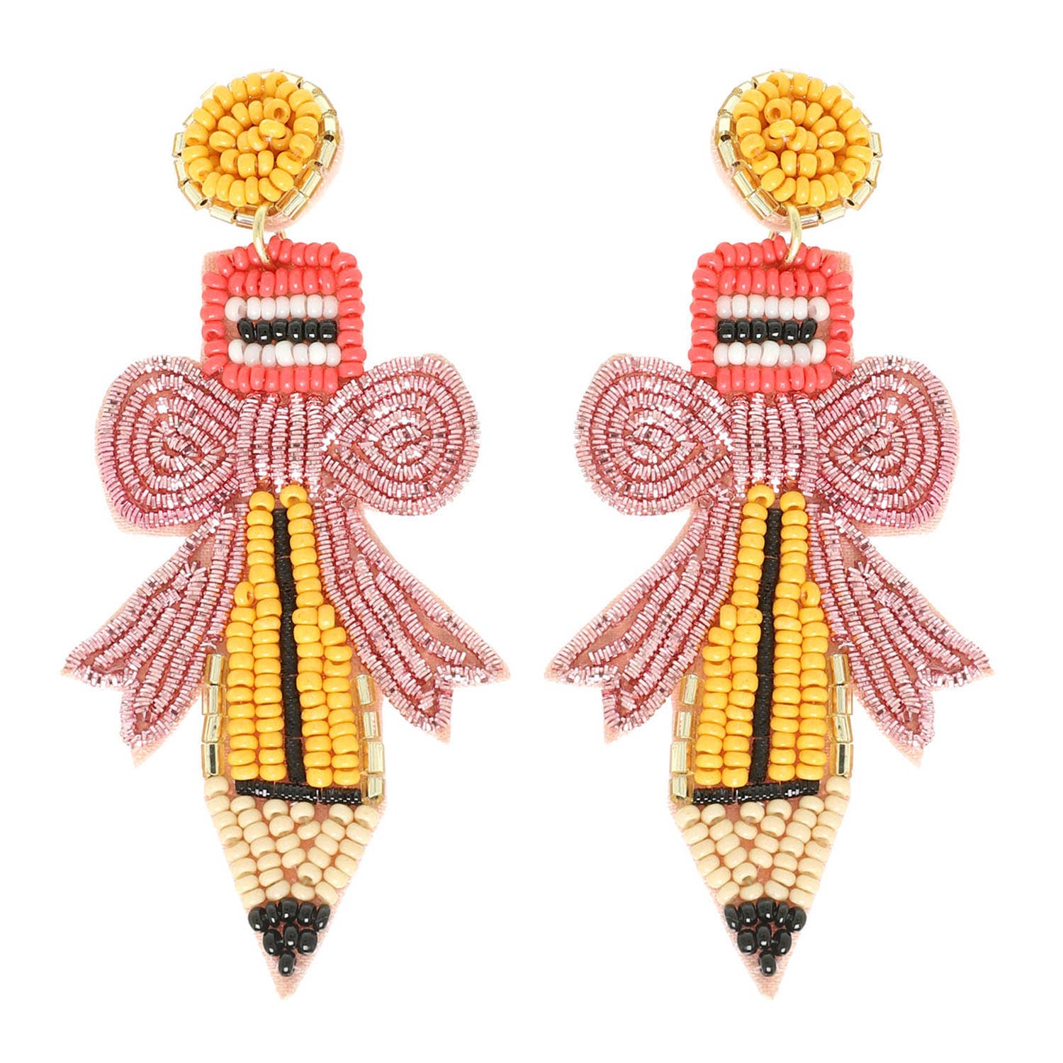 Pencil with Pink Bow Seed Beaded Post Dangle Earrings
