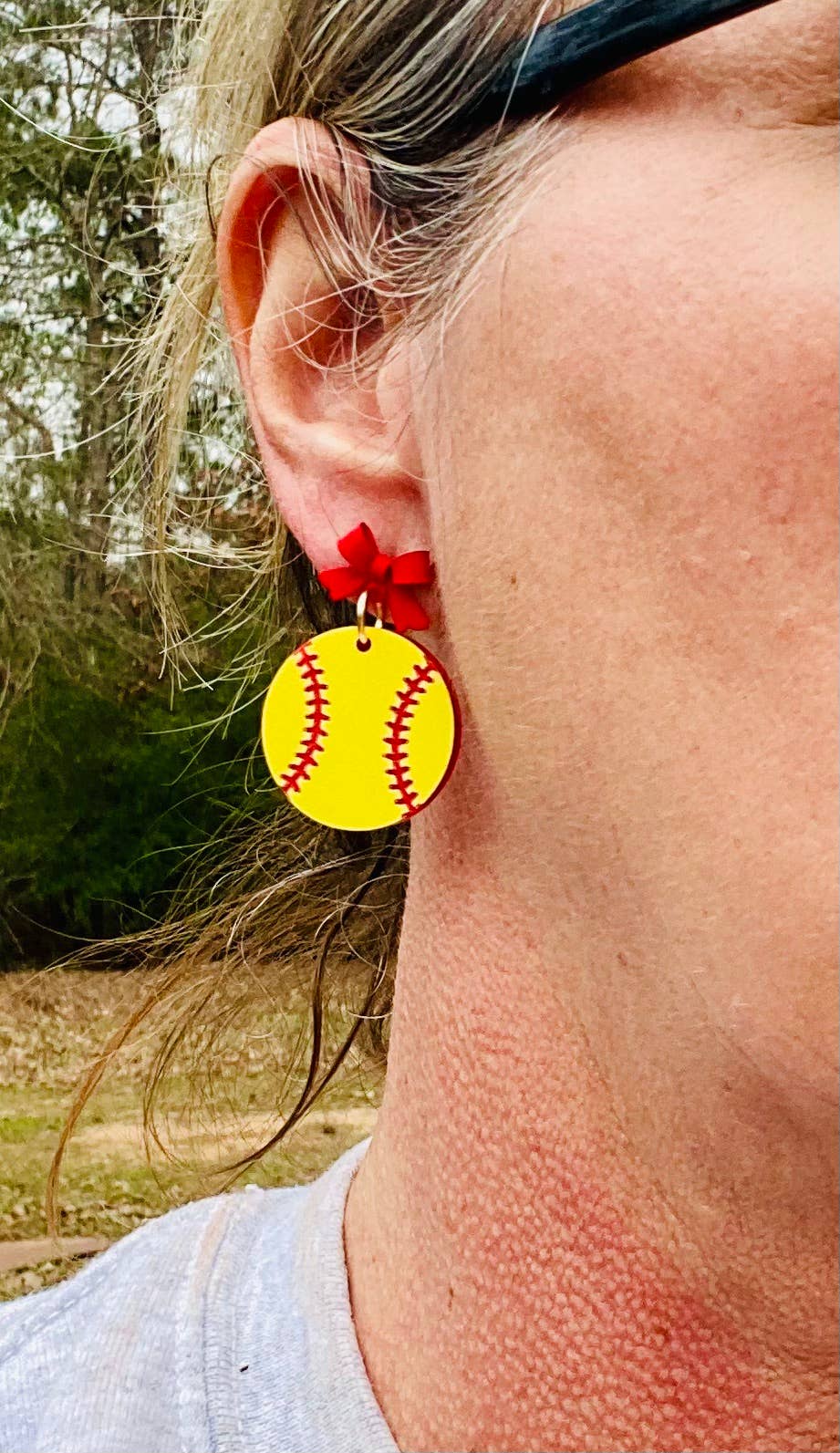 Softball Game Day Drop with Red Bow Earrings