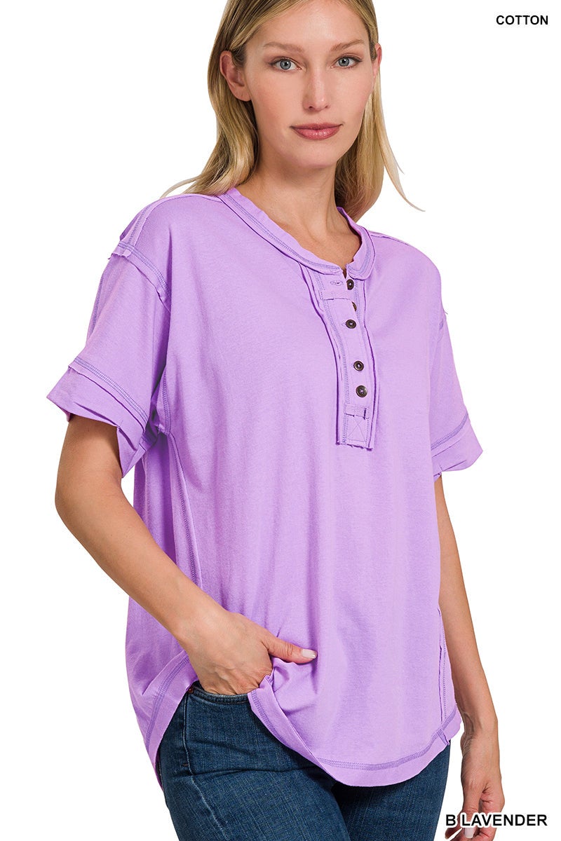 RAW EDGE DETAILED BUTTON CLOSURE SHORT SLEEVE TOP