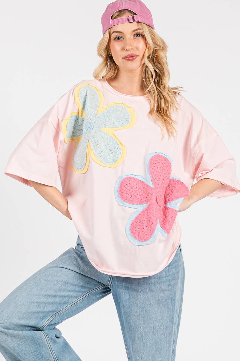 WASHED FLORAL PATCHWORK OVERSIZED TEE