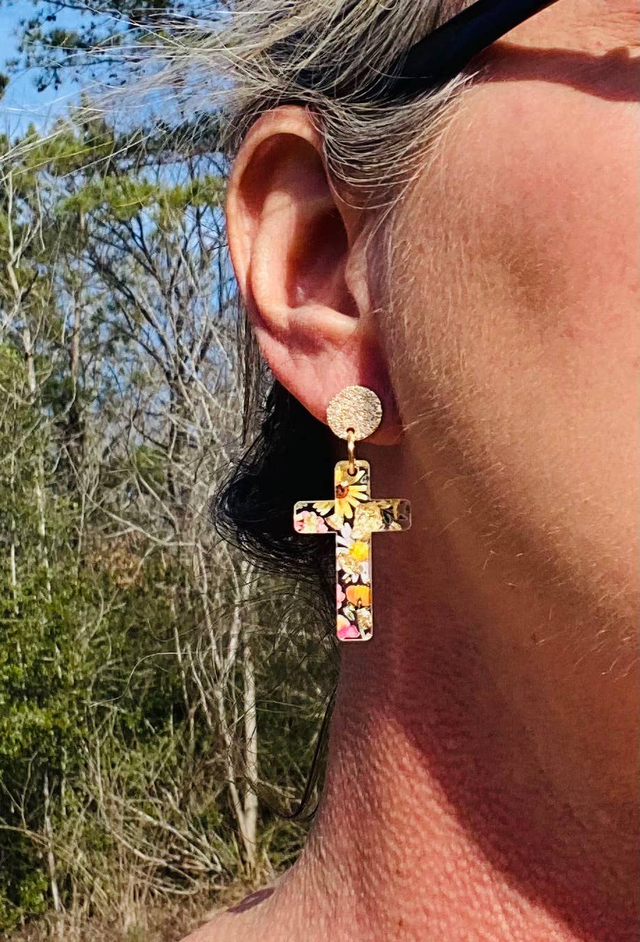 Floral Gold-Foil Cross Earrings | 18K Gold Plated